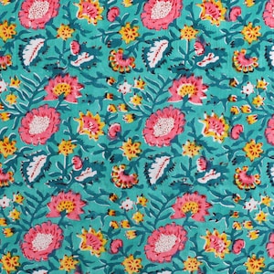 5 Yards Hand Block Print Fabric, Indian Craft Use Material indian fabric Green Pink Flower Dress Making Sewing Fabric by the yard