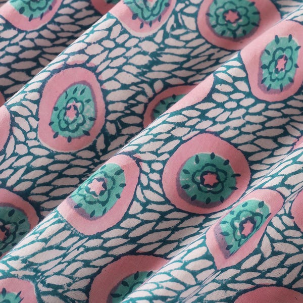 Pink Green Indian Floral Hand-Block Printed Cotton Cloth Fabric by Yard for Sewing Dress, Women's Clothing, Cushions, Curtains, Napkins