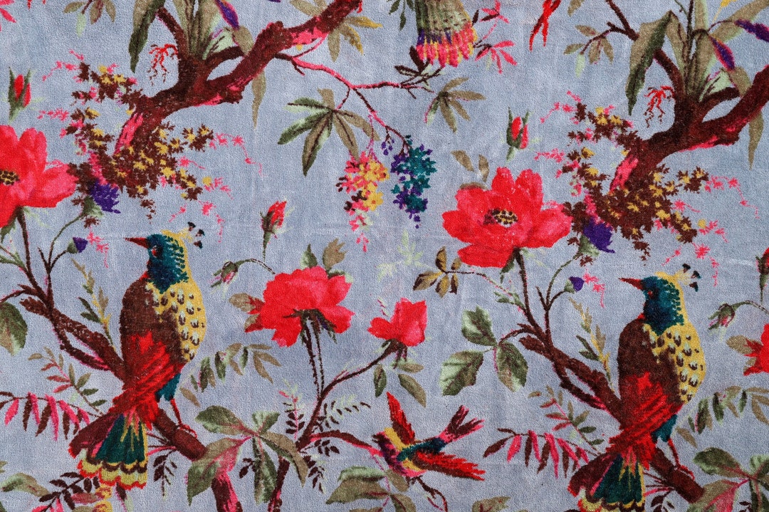 Tissu velours imprimé Tissu indien floral OISEAUX GRIS Tissu d
