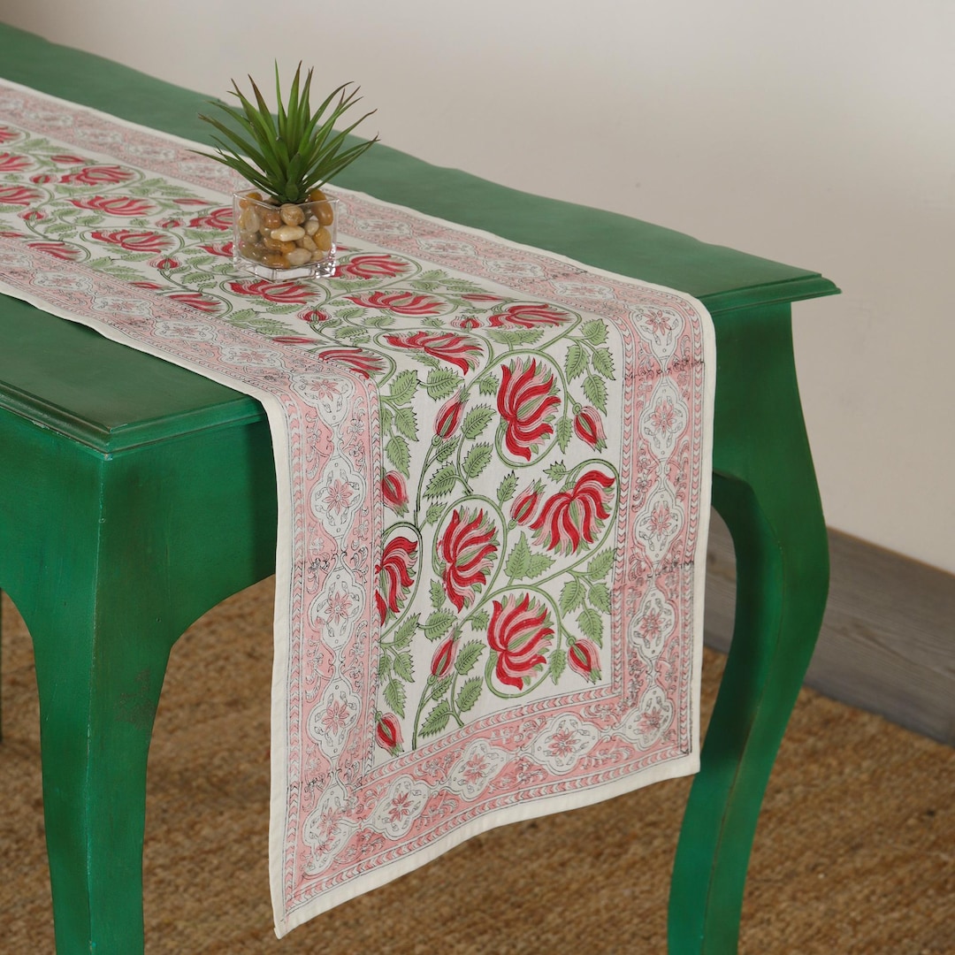 Artisan Block Printed Floral Table Runner - White & Grey