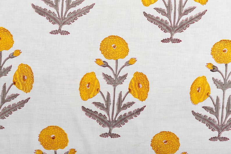 floral print cotton fabric block print fabric dress Vegetable dyed Indian fabric robe fabric by yard womens clothing White on Yellow Gray image 1