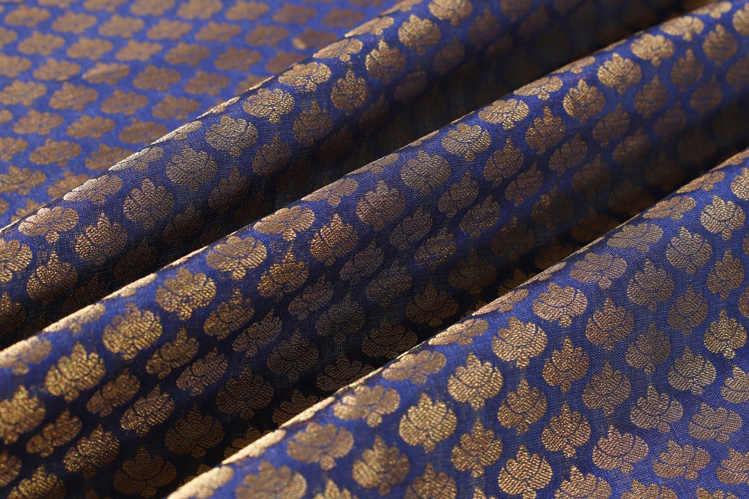 Indian Fabric Brocade Fabric Sold by the Yard Blue Gold - Etsy