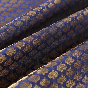 Indian Fabric Brocade Fabric sold by the yard - Blue Gold brocade Art silk fabric, Indian Silk Fabric, wedding dress fabric Crafting Sewing