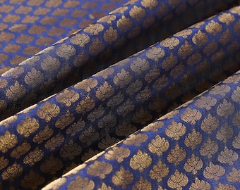 Indian Fabric Brocade Fabric sold by the yard - Blue Gold brocade Art silk fabric, Indian Silk Fabric, wedding dress fabric Crafting Sewing