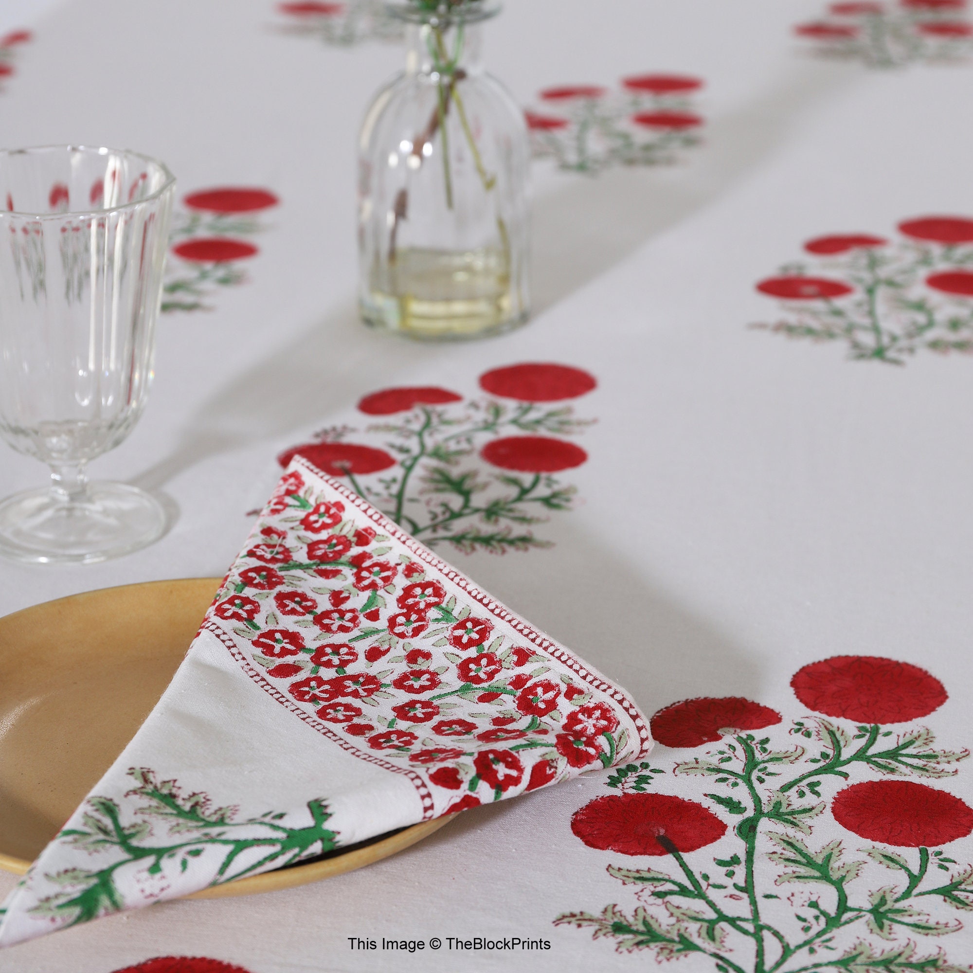 Red and Green Poppy Flower Cloth Napkins Hand Block Printed Etsy