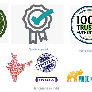 May include: A collection of logos and seals, including "Ethically Sourced" with a tree, a checkmark for "Quality Assured", and "100% Trusted Authenticity". Also, a map of India, "Handmade in India" seals, and an elephant with "Made in India".