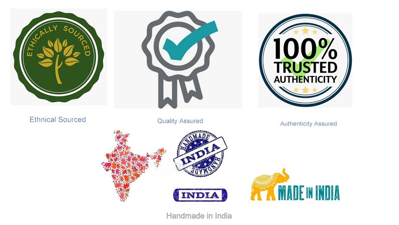 May include: A collection of logos and seals, including "Ethically Sourced" with a tree, a checkmark for "Quality Assured", and "100% Trusted Authenticity". Also, a map of India, "Handmade in India" seals, and an elephant with "Made in India".