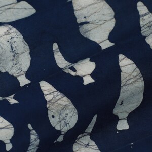 May include: A close-up of a dark blue fabric with a white pattern of abstract shapes. The fabric has a textured, slightly wrinkled appearance.