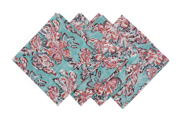 The Block Print Mint Green Cotton Napkins, Indian Hand block print Cloth Napkin,Gift for Best Friend,9X9"Cocktail Napkin 20X20"Dinner Napkin