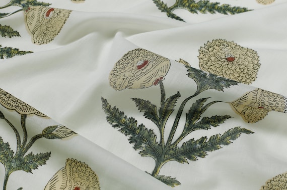 floral print cotton fabric block print fabric dress Vegetable dyed Indian fabric robe fabric by yard womens clothing White on Beige Green