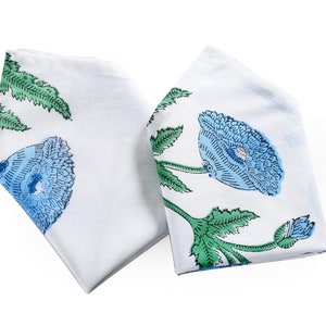 Poppy Flower Blue, Russian Green, Cotton Napkins, Cloth Napkins, Face Cover, Indian Block Print, 9x9"-Cocktail Napkins, 20x20"Dinner Napkins
