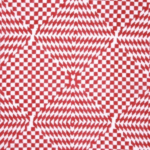 May include: A red and white checkered pattern with a repeating diamond shape design. The pattern creates an optical illusion of depth and movement.