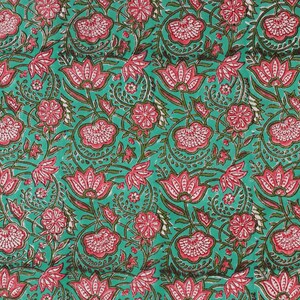 Green Pink Lotus Floral Hand Block Printed Cotton Canvas Fabric by the Yard Great fabric for making bags and home decor Outdoor Cushion 50" image 4