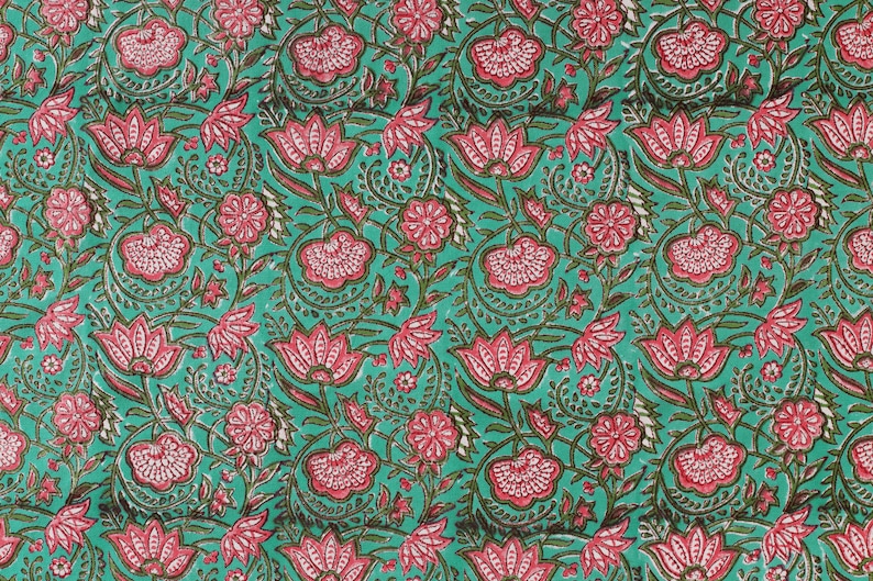 Green Pink Lotus Floral Hand Block Printed Cotton Canvas Fabric by the Yard Great fabric for making bags and home decor Outdoor Cushion 50" image 4