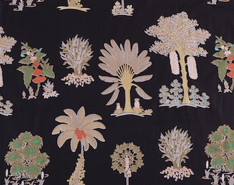 Black Beautiful Hand Block Printed Palm Tree Fabric, Cotton Fabric, Indian Fabric, fabric by yard, Block Printed Cotton womens clothing 44"