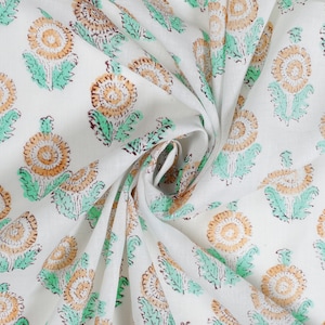 By the Yard Handmade Pure Cotton Light Weight Hand Block printed Fabric, Indian Tinny Flower Printed Voile Fabric, Jaipuri Fabric White