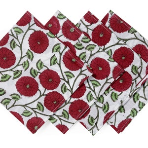 Red and White Flower Printed Cotton Napkins, Cloth Napkins, Indian Block Print Napkins, 9&quot;x9&quot;Cocktail Napkin, 20&quot;x20&quot; Dinner Napkins