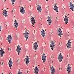 Pink and Blue Leafs Pattern Indian Block Print Fabric By the Yard