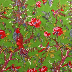 Green Bird Print Cotton Fabric, Sewing Kimono Fabric, Dressmaking banyans Fabric, Indian Fabric By The Yard, Craft Fabric, Robe Fabric OFMD