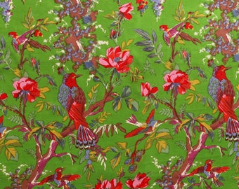 Green Bird Print Cotton Fabric, Sewing Kimono Fabric, Dressmaking banyans Fabric, Indian Fabric By The Yard, Craft Fabric, Robe Fabric OFMD
