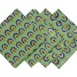 Green Floral Cotton Napkins, Cloth Napkins, Indian Block Print Napkins, 9&quot;x9&quot;Cocktail Napkin, 20&quot;x20&quot; Dinner Napkins Tablecloth Napkins Set