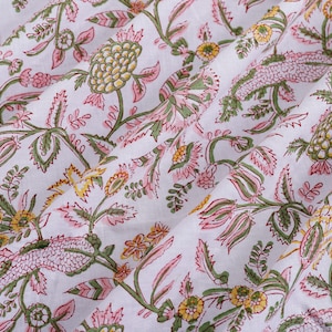 Cotton Print Fabric Hand Block Printed Indian Cotton Sanganeri Floral Lightweight Soft Fabric, Dressmaking Sewing Fabric By The Yard