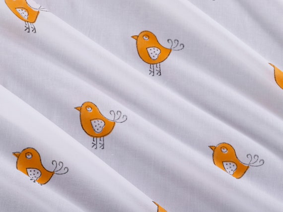 White Orange Indian Bird Hand Block Printed 100% Cotton Cloth, Fabric by the Yard, Quilt Curtains Pillows Cushions Kids Clothing Fabric