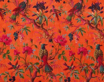 printed Velvet Fabric Indian Fabric Floral ORANGE BIRD Print Fabric upholstery fabric for lampshade fabric for curtain quilting fabric