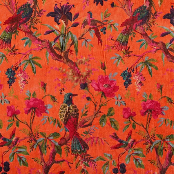 printed Velvet Fabric Indian Fabric Floral ORANGE BIRD Print Fabric upholstery fabric for lampshade fabric for curtain quilting fabric