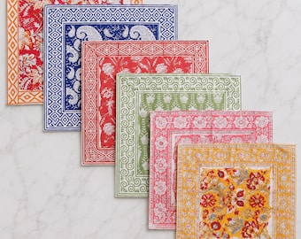 Multi-Color Indian Block Print Floral Border Napkins, Floral Cotton 18x18 Dining Table Linen for Daily Use, Farmhouse Wedding & Party Decor