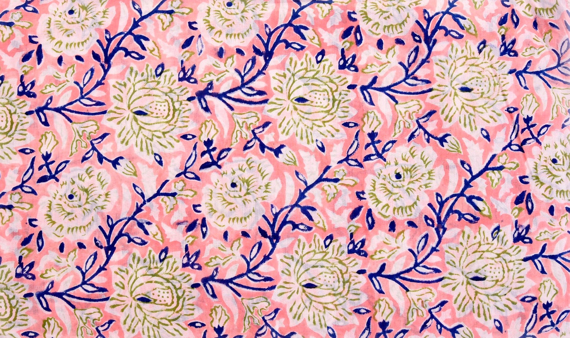 Lotus Flower Print Hand Block Printed Pink Fabric Cotton Etsy