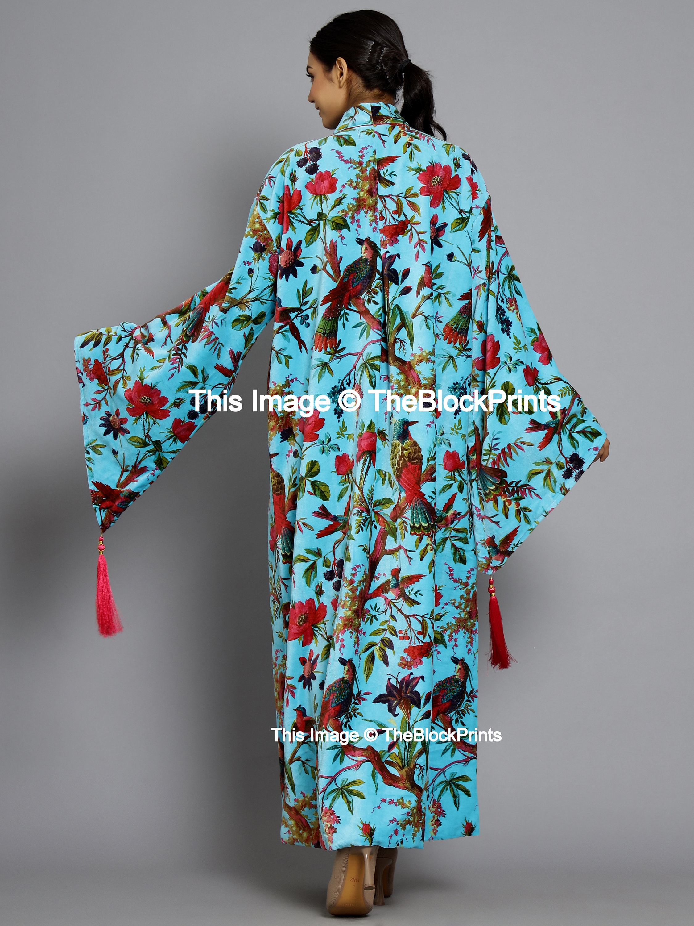 Ofmd Robe OFMD Turquoise Blue Bird Velvet Banyan Fabric Kimono Cotton Velvet Robe ...