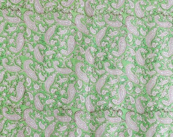 Green Paisley Indian Hand Block Print cotton fabric- Fabric By Yards-100% Pure Cotton Handmade fabric For Dress Making, Sewing, Crafting