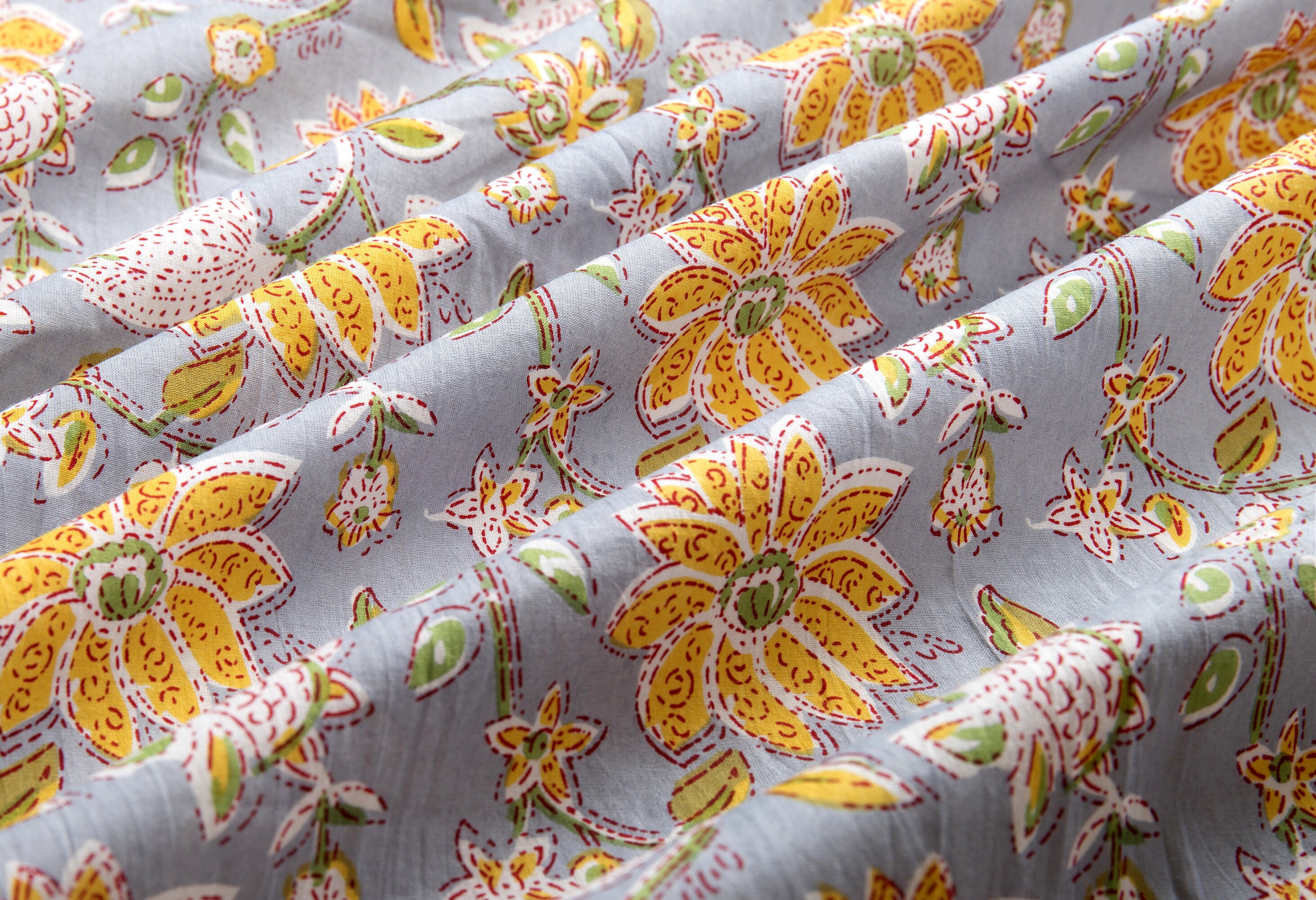 Gray Beautiful Hand Block Printed Flower Fabric Cotton Etsy