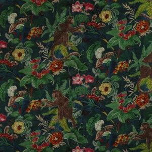Monkey in Jungle Garden Velvet Printed Home Decor Fabric, Floral and Tree for Upholstery, Cushion Fabric, Curtain Fabric, Drape Fabric Green