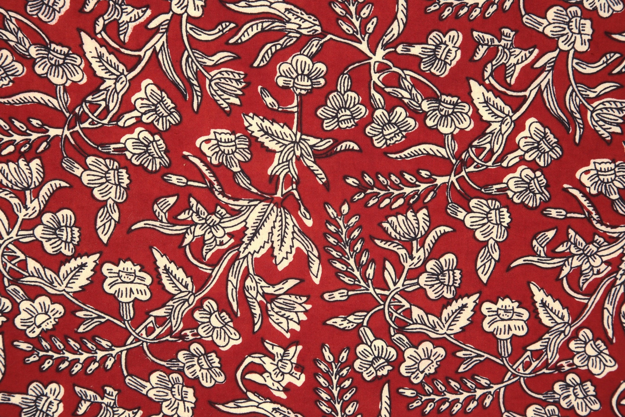2.5 YD Cotton Hand Block Printed Indian Fabric Red White Floral