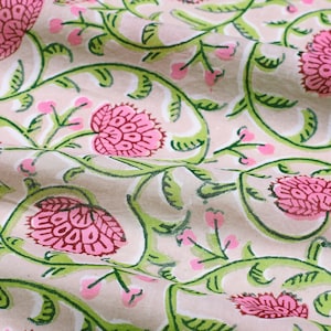 Beautiful Hand Block Printed Beige Pink Fabric, Cotton Fabric, Indian Fabric, fabric by yard, Block Printed Cotton womens clothing robe