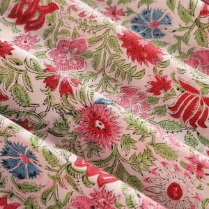 White Red Lotus Fabric Hand Block Printed Floral Fabric Indian 100% Cotton Quilting Fabric Summer Dressmaking Fabric By The Yard