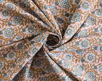 Beautiful Hand Block Printed Fabric, Cotton Fabric, Indian Fabric, fabric by yard, Block Printed Cotton womens clothing Beige Brown Floral