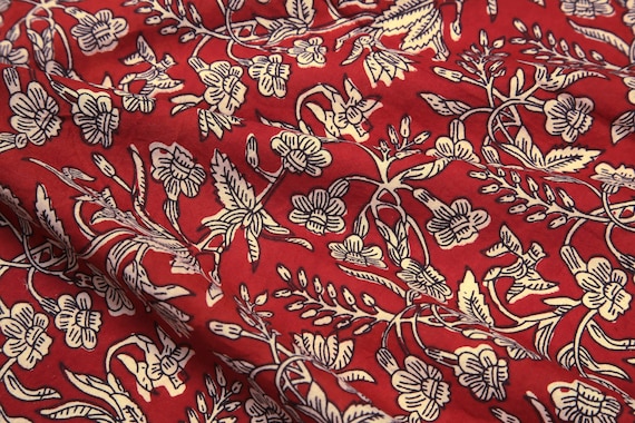 Red Block Print Fabric, Hand Block Print Cotton Fabric, Indian