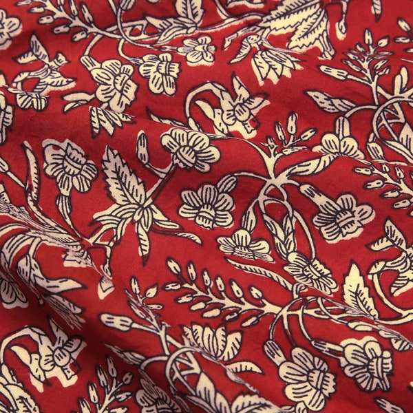 Red Block Print Fabric, Hand Block Print Cotton Fabric, Indian Fabric sold by yard, Block print Dress Fabric, Sanganeri Print Fabric