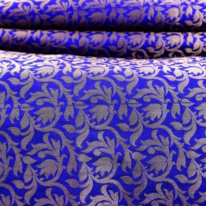 Silk Brocade Fabric Remnant in Blue and Gold - Gold Banarasi Silk Fabric by the yard - Dress Material for Weddings