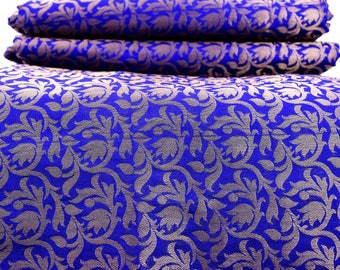 Silk Brocade Fabric Remnant in Blue and Gold - Gold Banarasi Silk Fabric by the yard - Dress Material for Weddings