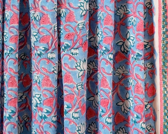 Blue Pink Cotton Fabric By the Yard,Lotus Floral Block Print Fabric for Sewing Dressmaking Quilting Upholstery Curtains,Indian