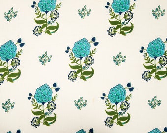 Marigold Flower Print Fabric, Indian Cotton Fabric, Block Print Aqua Green Print Fabric, Curtain Fabric, Kimono Dress Fabric By The Yard