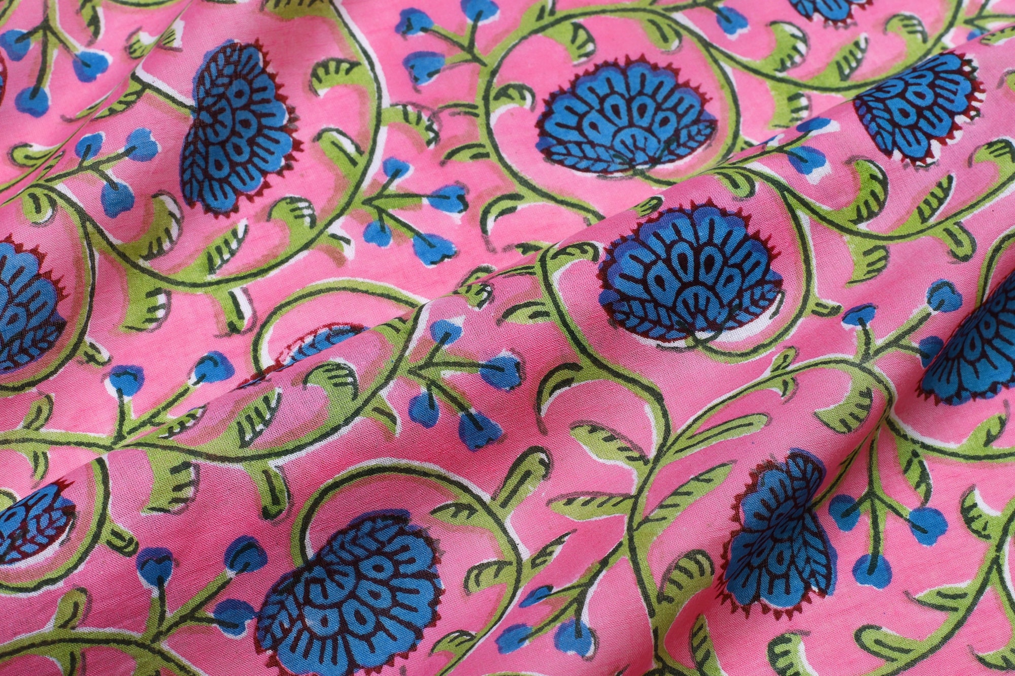 Soft Voile Cotton Fabric, Printed Fabric, Indian Fabric, Fabric Sold By Yard, Hand Printed Fabric, Dress Fabric Pink Floral Crafting Fabric