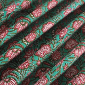 Green Pink Lotus Floral Hand Block Printed Cotton Canvas Fabric by the Yard Great fabric for making bags and home decor Outdoor Cushion 50" image 3