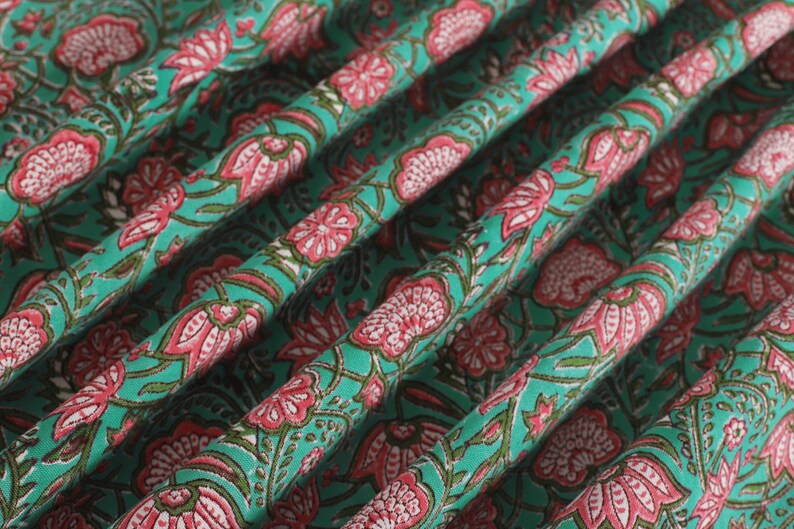 Green Pink Lotus Floral Hand Block Printed Cotton Canvas Fabric by the Yard Great fabric for making bags and home decor Outdoor Cushion 50" image 3