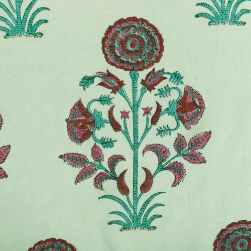 Hand Block Print Floral Cotton Fabric - 5 Yards, 45" Wide, 100% Cotton (White) 6 thumbnail image