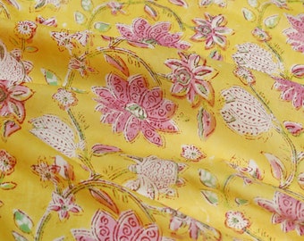 By Yard Fabric,Indian fabric, Hand Block Printed Yellow Fabric,Pure Cotton Fabric,Natural Dye Fabric, Flower Print Fabric, Sewing Material